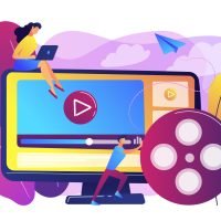 Marketing strategist with laptop working with video content. Video content marketing, video marketing strategy, digital marketing tool concept. Bright vibrant violet vector isolated illustration